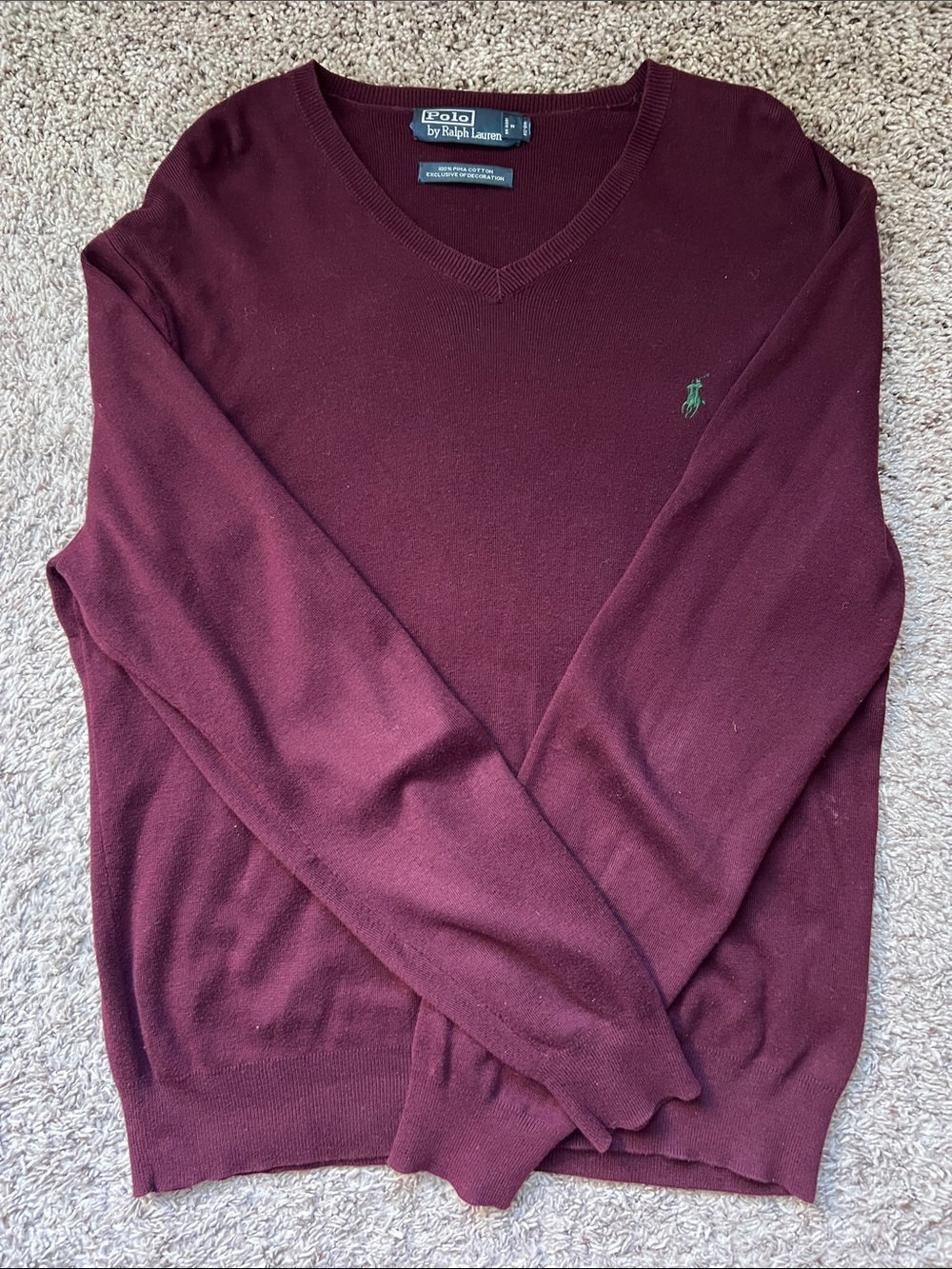Ralph Lauren Men's V-Neck Sweater in Burgundy with Green Pony